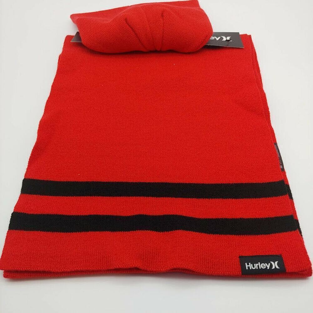 NEW Hurley Men's New Yorker Beanie & Scarf 2 Piece Set Red White Stripe OS - Picture 5 of 7